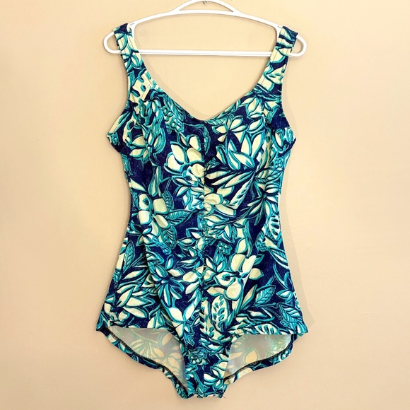 3/$10⚡️Vintage Maxine of Hollywood Blue Floral Pattern Ruched Swimsuit - Picture 1 of 16